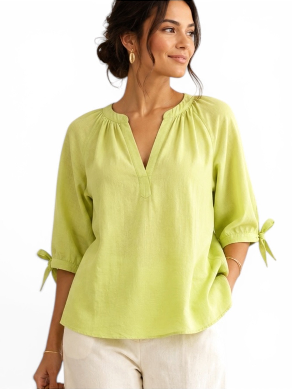 Jones New York Women's Linen Blend Split Neck Top Lime Green Size XL - Picture 1 of 11